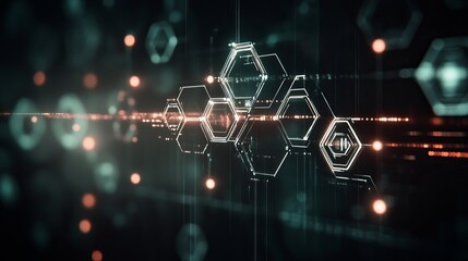 Futuristic glowing digital network of interconnected hexagons and data streams in a dark, high-tech environment