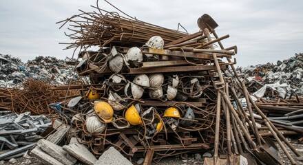 Scrap Metal Pile with Hard Hats and Shovels at Junkyard