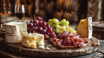 Cheese and wine pairing platter with grapes and salami on wooden board for gourmet food photography