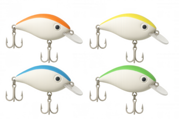3d rendering of four fishing lures in different colors, isolated on a transparent background, ready for your next fishing project