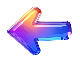 Glossy, vibrant left-pointing arrow with iridescent, multicolored gradient
