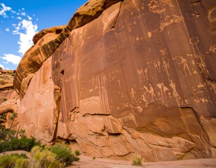 Ancient rock carvings on a sandstone cliff face