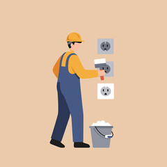 Worker painting around electrical sockets in a comic style  