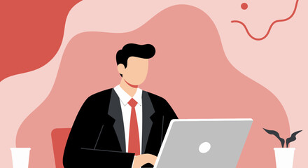 Professional businessman in a suit working on a laptop at a desk. Represents modern work, productivity, remote office, and successful corporate lifestyle.