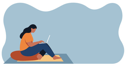 Young woman working remotely on laptop from home, sitting comfortably on a cushion. Ideal for concepts of productivity, digital nomad, or online learning.