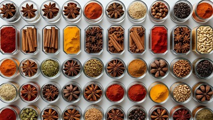 Overhead shot of various spices arranged in glass jars on a white background, creating a vibrant and organized pattern. Perfect for culinary, food blog, or spice company website.