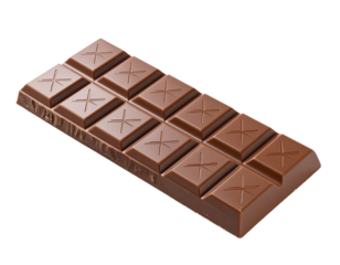 A rectangular chocolate bar, sectioned into squares, with imprinted star-like patterns