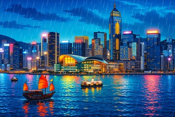 Fototapeta premium Rain falls over the dazzling Hong Kong city skyline at night. Colorful lights reflect on Victoria Harbour where traditional boats float.
