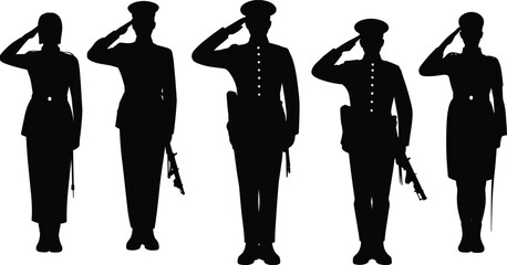 Military soldiers saluting silhouette, honor and respect, army tribute, male and female service members, black uniformed figures, ceremonial posture, defense