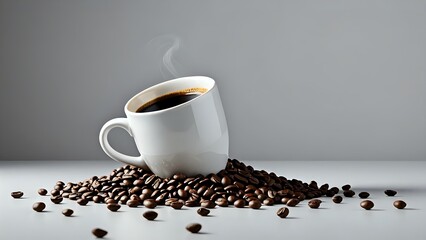 Aromatic coffee steaming in a white cup, nestled amongst a scattering of roasted coffee beans on a minimalist grey background.  Perfect for coffee shops, cafes, and beverage brands.