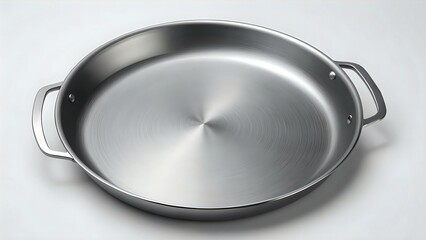 High-quality studio shot of a gleaming stainless steel frying pan with two handles, isolated on a white background.  Perfect for culinary websites or cookware catalogs.
