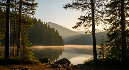 Calm lake reflecting trees at sunrise in forest