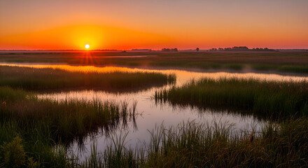 Sunrise over the marshland with water reflections