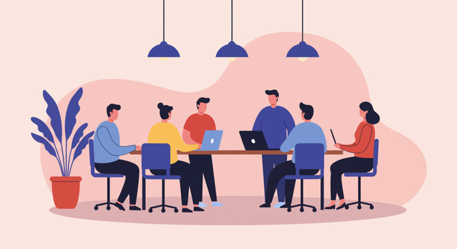 Diverse business team collaborating and discussing strategy in a modern office meeting room. Ideal for corporate productivity and teamwork concepts.