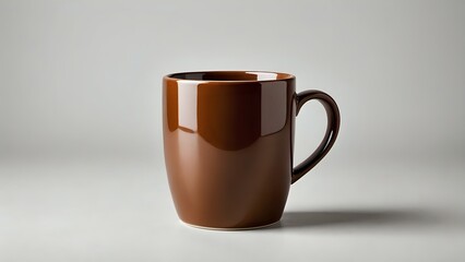 A sleek, glossy brown ceramic mug on a neutral background, ideal for branding or design projects.  The mug is empty and ready for your beverage of choice.