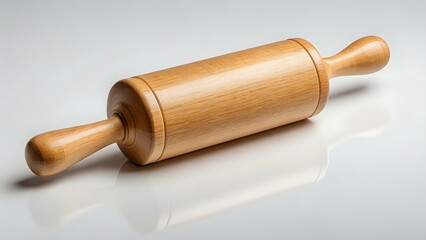High-quality studio shot of a classic wooden rolling pin, isolated on a bright white background. Ideal for baking, cooking, and culinary websites.