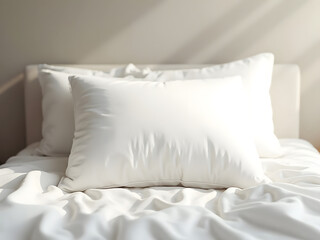 Fluffy Pillow Display: A cozy display of a single fluffy white pillow on a neatly arranged bed, emphasizing comfort and softness.