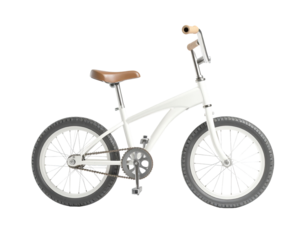 White kids' bicycle, side view, light beige seat and handlebars