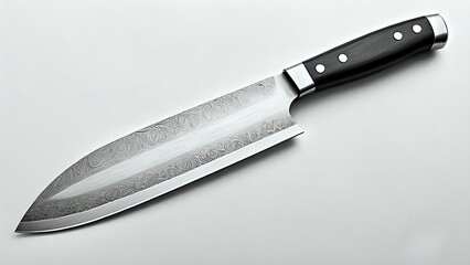 Exquisite handcrafted Japanese chef's knife with intricate damascus steel blade and elegant black handle, isolated on white background.