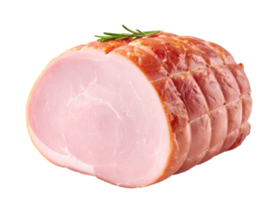 Sliced roasted ham,  browned exterior, pink interior, sprig of rosemary