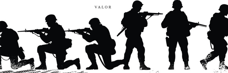 Silhouetted soldiers in battle-ready poses, military teamwork, army valor, combat readiness, honor, bravery, war heroes, armed forces tribute