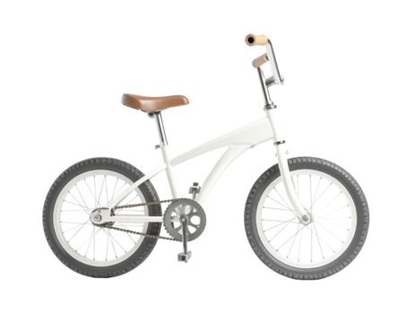 White kids' bicycle, side view, light beige seat and handlebars