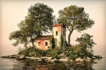 Obraz premium Abandoned island cottage at sunset