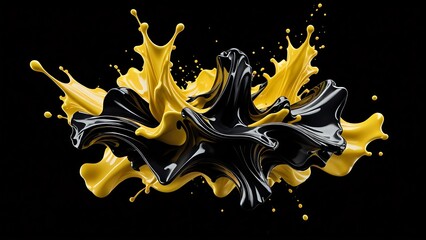 Dynamic splash of black and gold paint, abstract art, 3D render, perfect for design and backgrounds.