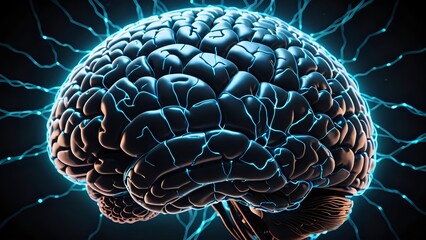 Intricate 3D render of a human brain, glowing with vibrant energy, showcasing intricate neural pathways and complex structure. Ideal for concepts related to intelligence, neuroscience, and technology.