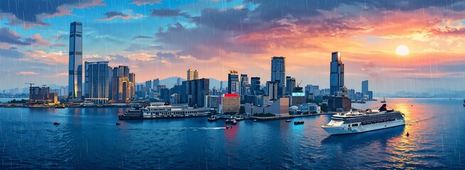 Naklejka premium A cartoon illustration of Hong Kong's cityscape at sunset. The vibrant landscape, inspired by anime, showcases a harbor with a ship and tall buildings under a colorful sky.