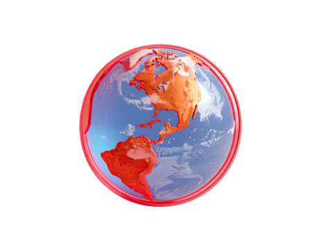 3D Earth, vibrant colors, outlined in crimson, showing continents