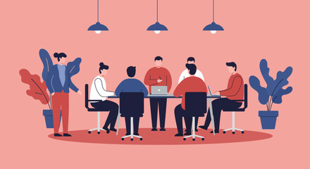 Professional diverse business team collaborating in a modern office meeting, discussing strategy and ideas with laptops and presentations. Ideal for corporate and teamwork concepts.