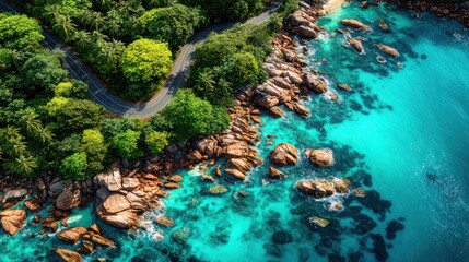 Tropical Coastal Landscape with Green Forests Rocky Shore and Clear Blue Water