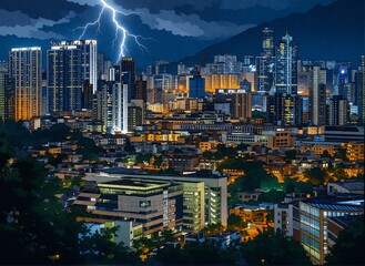 Fototapeta premium An anime illustration depicts Hong Kong's nighttime cityscape, under a cartoon-style sky. Lightning strikes illuminate tall buildings, creating a dramatic landscape. The overall feel is dark and excit