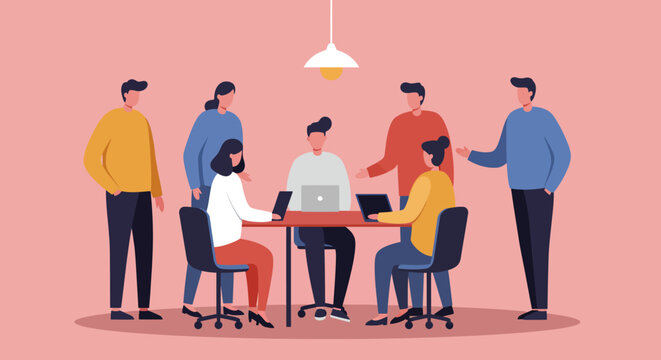 Diverse business professionals collaborate around a table with laptops, fostering teamwork and discussion in a modern office environment. - Powered by Adobe