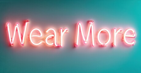 Obraz premium Bright pink neon sign displays words Wear More against teal wall. Simple message, modern aesthetic, vibrant illumination.