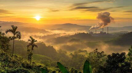 Sunrise with Forest and Factory - Integration of Industry and Nature Scene / Environmental Issue Material / Landscape Photography Element