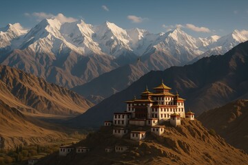 Majestic Himalayan Monastery Overlooking Snow Capped Mountains at Sunrise.