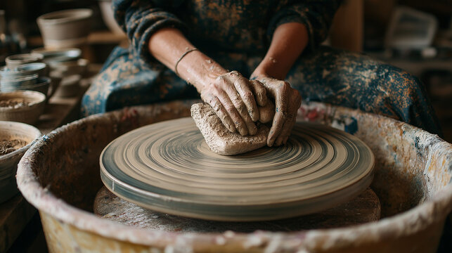 A woman artist smooths a clay pot with a sponge, shaping and refining it with focus, skill, and creative artistry.