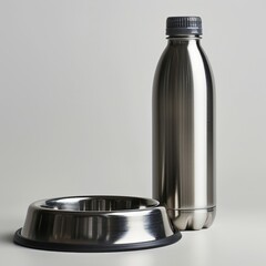 Image of a metal dog food bowl and a metal water bottle