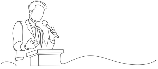 Businessman Presenting with Mic, line art, One Line Style vector illustration