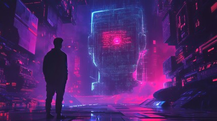 Obraz premium Man gazes at colossal glowing AI head in a futuristic neon city, evoking awe and wonder.