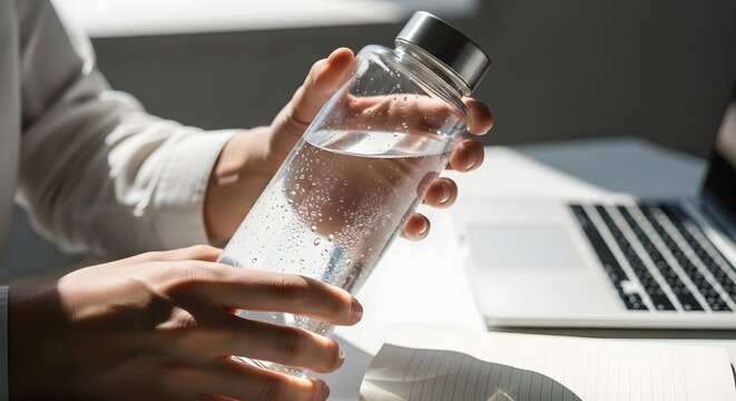 Person holding a glass water bottle laptop in background.