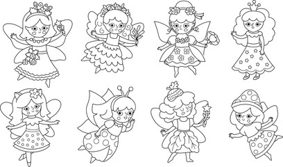 Vector black and white fairy clipart set. Cute girl line icons. Woodland princess collection. Fantasy forest fay illustration. Magic coloring page with garden, flower, acorn, fairytale creature