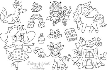 Vector black and white animal fairy clipart set. Cute girl line icons. Woodland princess collection. Fantasy fairytale forest illustrations. Magic creature coloring page with deer, unicorn, house