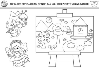 Naklejka premium Fairyland black and white logical activity with fairies drawing landscape with cloud in water, stairs on roof, fish on sky. What is wrong with picture. Logic coloring page. Magic fairy puzzle