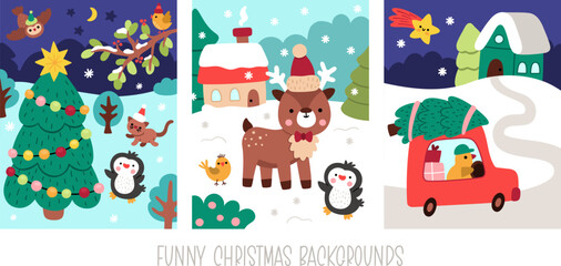 Vector vertical Christmas village landscapes set. New Year scenes collection with funny animals and birds. Festive winter holiday backgrounds pack for kids with traditional characters