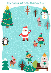 Christmas village maze for children with cute bird skating on rink to fir tree. Funny detailed labyrinth game with Santa, snowman, elves, penguin. Winter holiday printable activity, worksheet