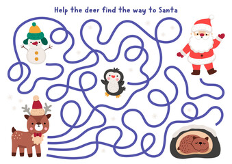 Christmas village maze for children with cute deer searching way to Santa Claus. Funny simple labyrinth game with reindeer, penguin, bear, snowman. Winter holiday printable activity, worksheet