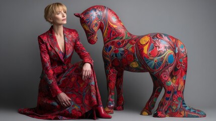 Fashion model poses elegantly in striking red ensemble next to vibrant painted horse sculpture
